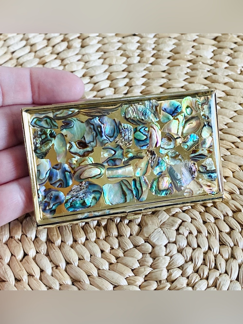 VTG Abalone Shell Brass Pocket Business Card Case Holder Mid-Century Mexican